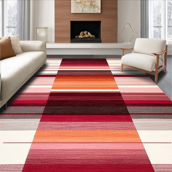 ODIKA 4' x 6' Machine Washable Non-Slip Area Rug, Contemporary Stripe High Traffic Rug, Red, 128099