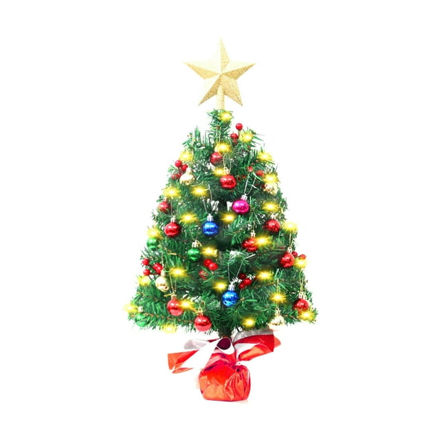 Yhmxh Tabletop Mini Christmas Tree, Mini Xmas Pine Tree with LED String Lights, Miniature Pine Christmas Tree with Hanging Ornament, Battery Operated Artificial Xmas Tree, Xmas Decoration Tree Decor