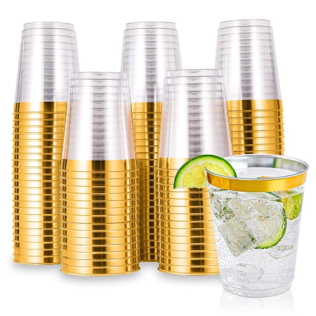 Berry Bloom 100 Vasos Reutilizables con Borde Dorado Paquete Con 100 Piezas, Copas Elegantes para Fiestas, Bodas, Postre, Cócteles, Vino (10 ONZAS)