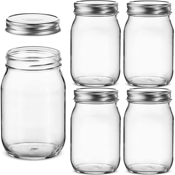 Glass Regular Mouth Mason Jars, 16 Ounce Glass Jars with Silver Metal