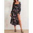 thumbnail image 2 of Biezeib Women Long Dress, Long Sleeve Square Neck Tie-up Floral Dress Slit Dress Fall Swing Dress, 2 of 6