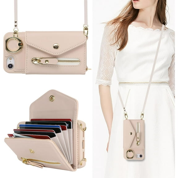 for iPhone 7/8 / SE 2020 / SE 2022 Case Wallet with Strap for Women,Crossbody Lanyard,Zipper Pocket,Credit Card Holder,Ring Stand,RFID Blocking Phone Wallet Case(6.1 inch,Beige)