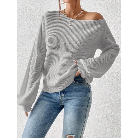 Womens Crew Neck Sweater Fall Winter Trendy Long Sleeve Casual Top Comfortable Daily Wear Cold-Shoulder Pullover Gray S