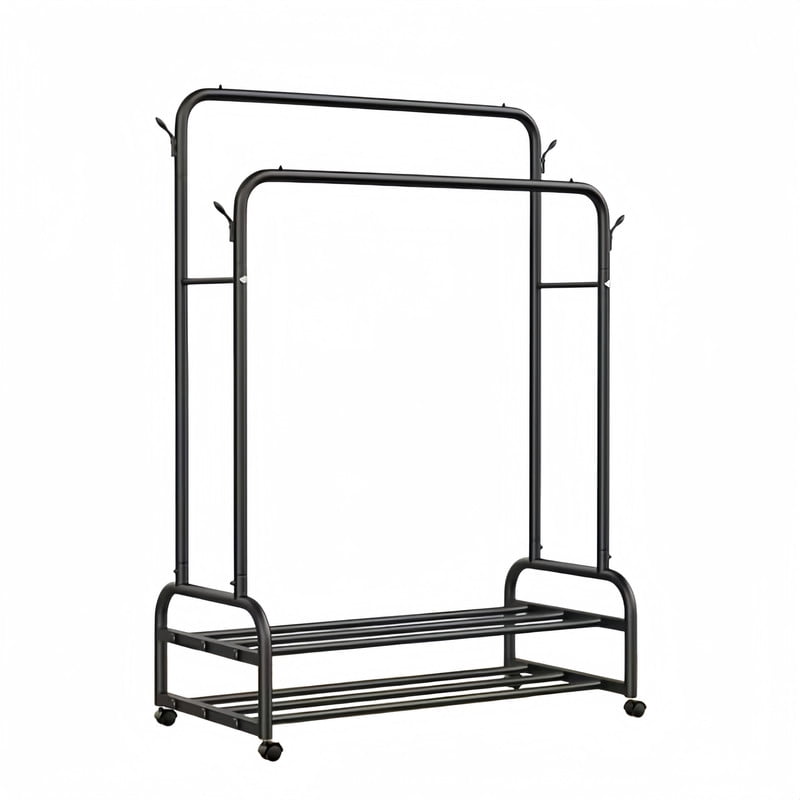 Double-Bar Metal Clothes Hanging Rack, Rolling Storage Shelf with Lockable Universal Wheel, Freestanding Garment Rack
