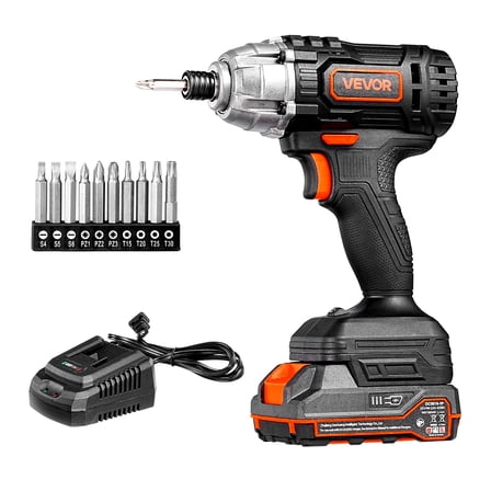 VEVOR Impact Driver, 1/4 Inch, 2800 RPM Max Speed, 20 V Powerful Motor, Electric Cordless Impact Driver Kit with Battery and Charger, 10 Bits, LED Work Light, for Furniture, Electrical, Home Repairs