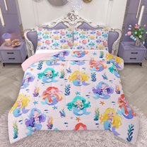 Homewish Cartoon Mermaid Pattern Full Size Comforter Sets,Watercolor Ocean Sealife Bedding Comforter Set,Colorful Bedding Sets For Girls Teens,Luxury Bedroom Decor Reversible,3-Piece