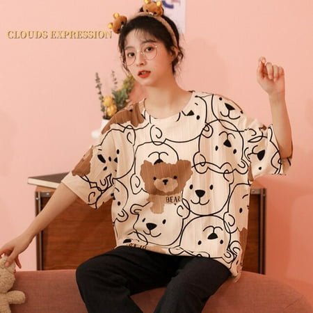 

QWZNDZGR Spring Summer Short Pijama Cartoon Duck Print Women s Pajamas Set Kawaii Girls Nightwear Plaid Sleepwear Lounge Homewear Fashion