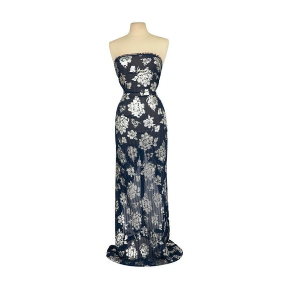 Zelouf Pleated Chiffon With Metallic Floral , Sewing, DIY, Crafts Fabric by the Yard, Navy/silver, 3 Yard