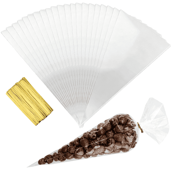 300 Pcs Carrot Cone Cellophane Treat Bags, 7"x14.5" Clear Plastic Popcorn Bags with Twist Ties for Easter Baby Shower Birthday Party Favors
