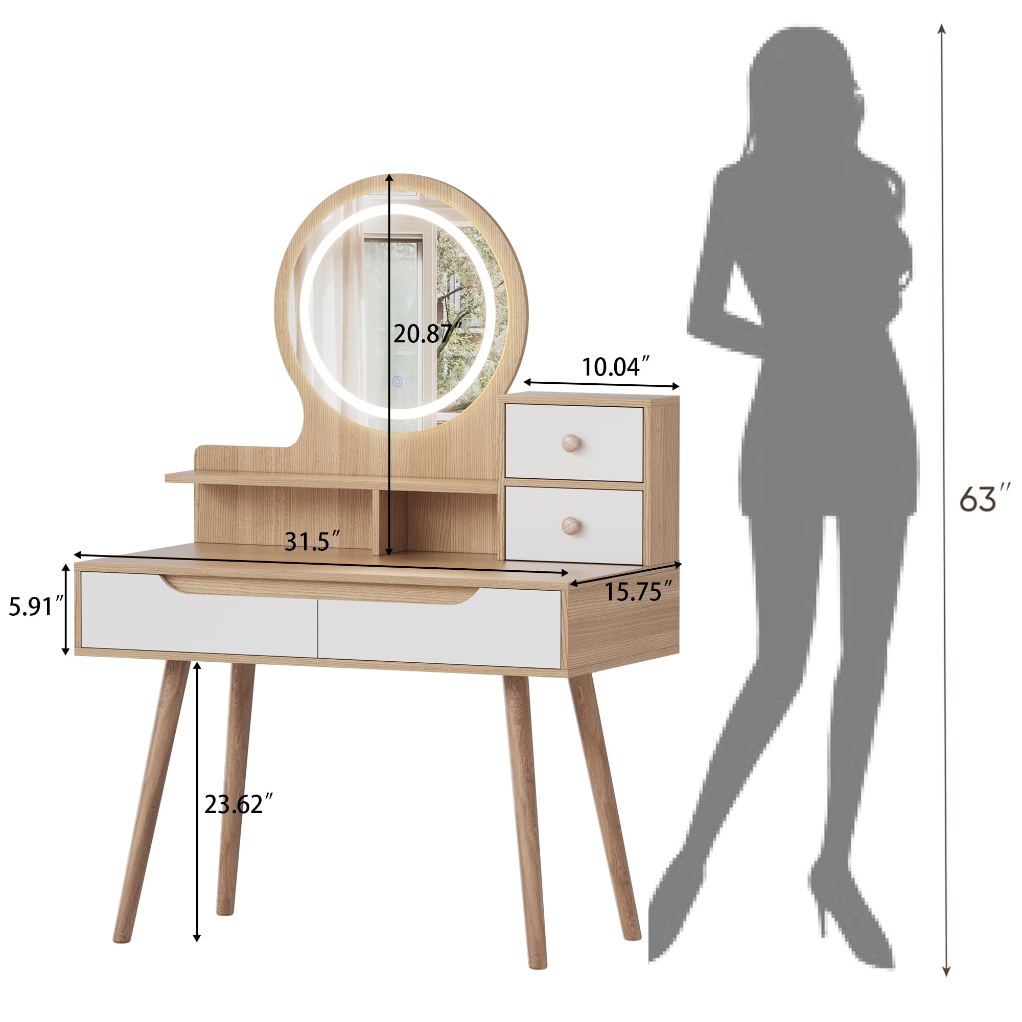Montary Vanity Desk w/ 3 Modes LED Mirror & Solid Wood Legs | 4 Drawers + 3 Shelves | Small Space Bedroom Set