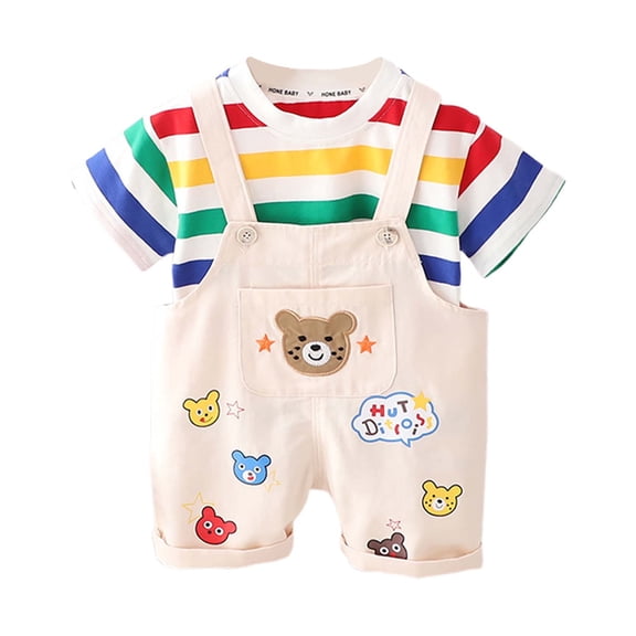 Glisme 2 Piece Outfits For Boys Toddler Colorful Stripes Short Sleeved T-Shirt And Overalls Two-Piece Set Cartoon Jumpsuits Versatile Clothes Suit Size 3-4