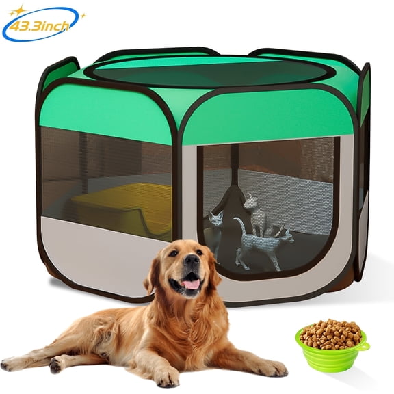SPOKKI 43.3in Pet Playpen Pop-Up Dog Playpen, Folding Soft Dog Crate Portable Waterproof Outdoor Playpen for Dog Cat Chicken Recovery w/Bowl, Durable for Travel