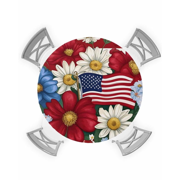 nqOlkjepod 4th of July Round Tablecloth, Fitted Table Cover with Elastic for 55"-60" Round Tables, Independence Day Blue Red Flower American Flag Table Cloth Dinning Party Waterproof Tablecloths