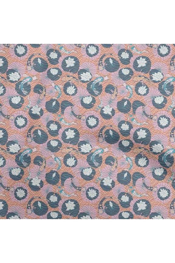 RayonLightPeachFabricAsianJapaneseKoiFishWithAbstractFlowerCraftProjectsDecorFabricPrintedByTheYard56InchWide