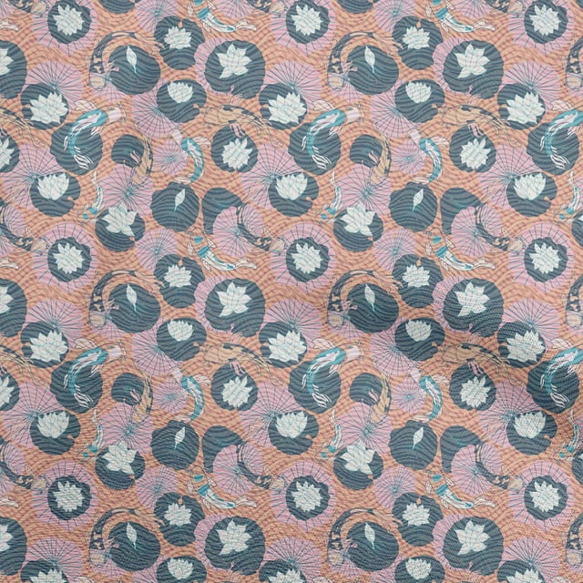 oneOone Viscose Chiffon Light Peach Fabric Asian Japanese Koi Fish with Abstract Flower Fabric for Sewing Printed Craft Fabric by The Yard 42 Inch Wide