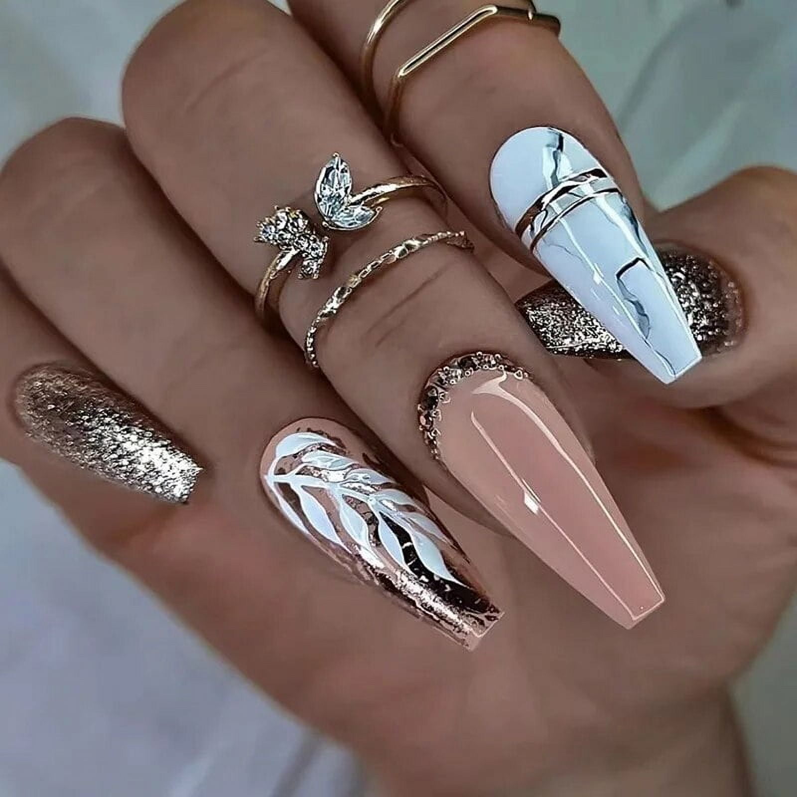 24 PCs Long Pieces of French Glitter Nails with 1 Piece of Jelly Glue and 1 Nail File