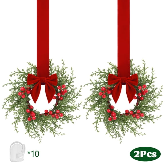 HKKDKTA 2Pcs 11" Small Christmas Wreaths with Ribbon for Windows Kitchen Cabinets