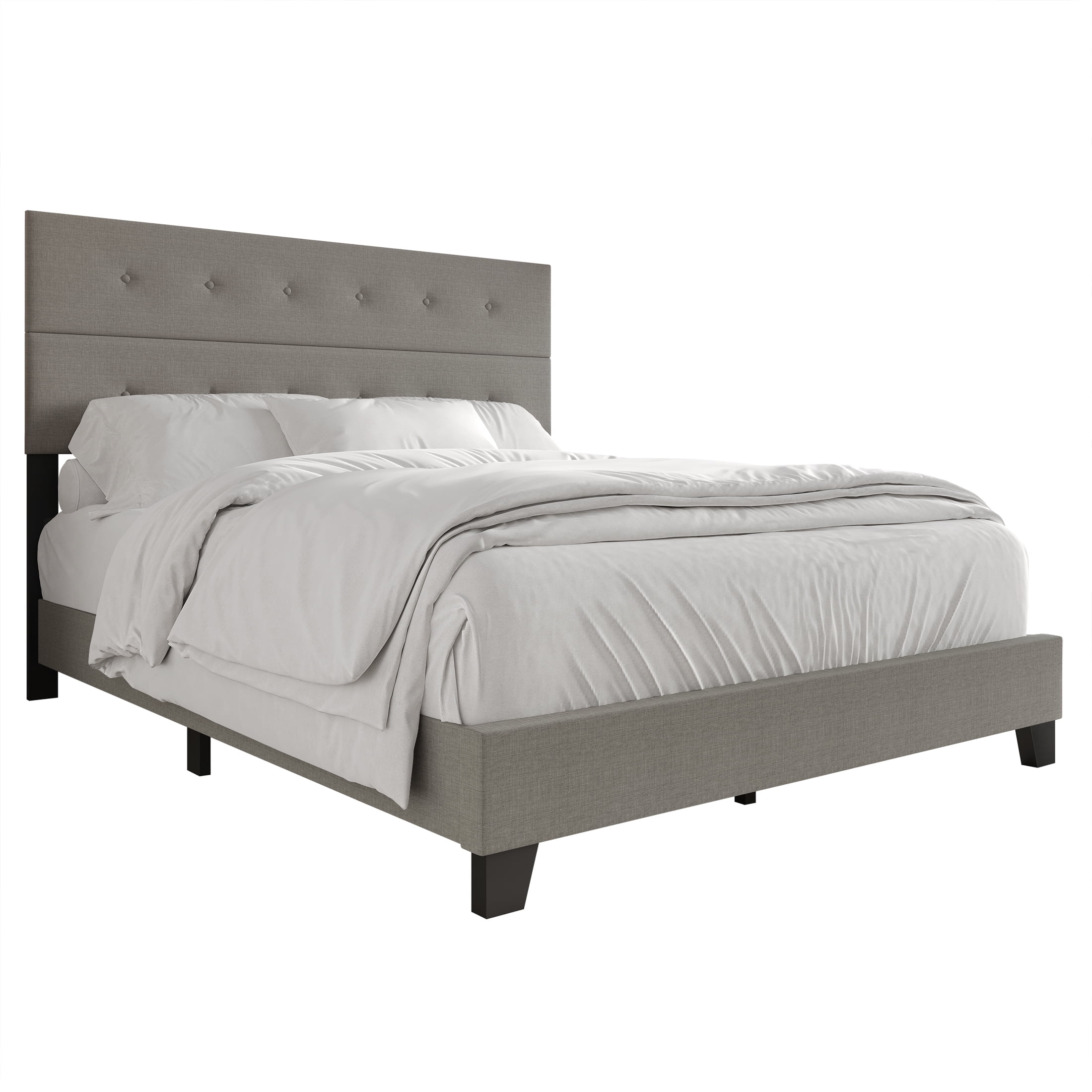 Castle Place Elegant Button Tufted Linen Upholstered King Bed, Light Grey