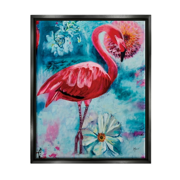 Stupell Industries Modern Flamingo & Blooms Animals & Insects Painting Black Floater Framed Canvas Art Print Wall Art, 17 x 21