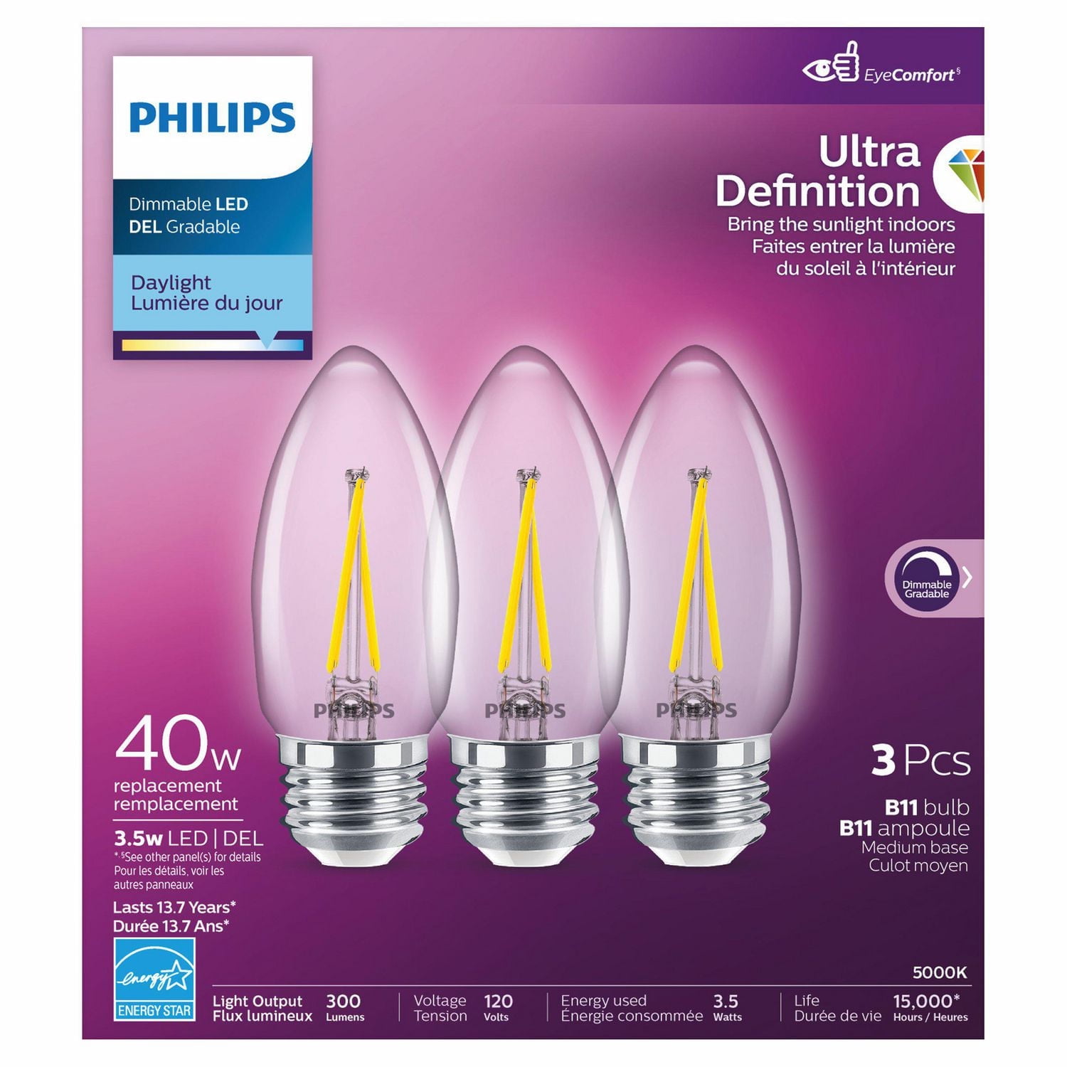 Philips UltraDefinition Ampoule LED B11 E12 40W Equivalent, Dimmable Daylight (5000K) 3-Pack PHL DEL 40W CH B11 E12