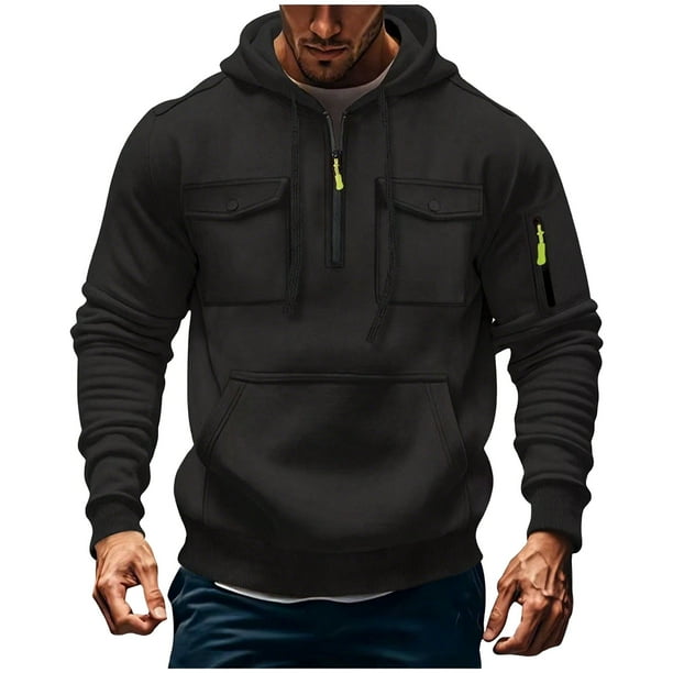 pstuiky camisas de manga larga para hombre, Sudadera deportiva de manga larga con capucha y bolsillos múltiples para hombre, estilo cargo, informal, para entrenamiento salir tops m