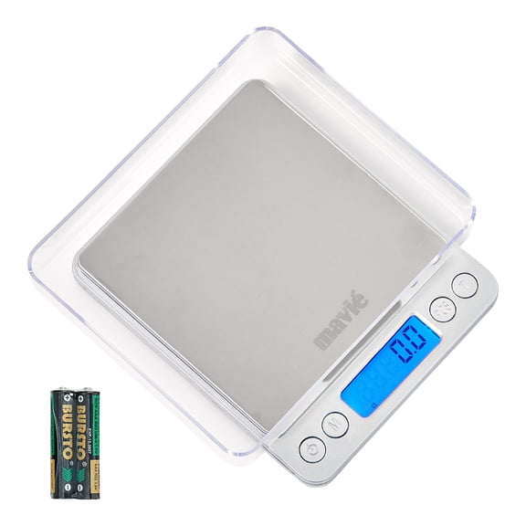 Mavie Compact Stainless Steel Kitchen Scale with Protective Case, 9 Unit Conversions, 3kg Capacity, Blue LCD Backlight, Auto Calibration & Precision Tare for Cooking & Baking