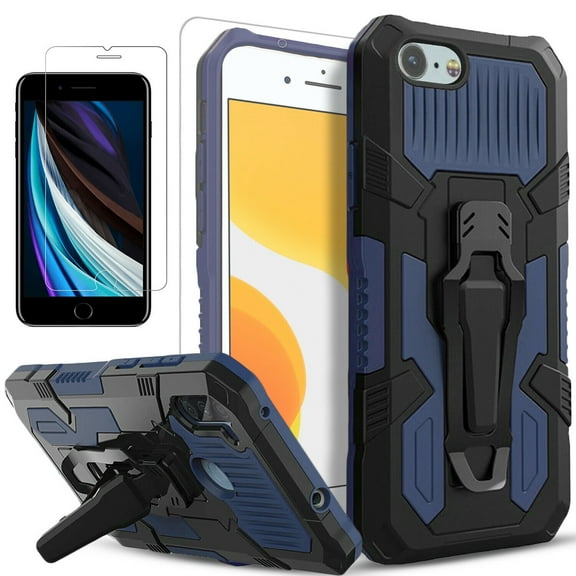 iPhone SE 2020 Case, Dual Layers [Combo Holster] And Built-In Kickstand Bundled with [Temerped Glass Screen Protector] Hybird Shockproof (Blue)