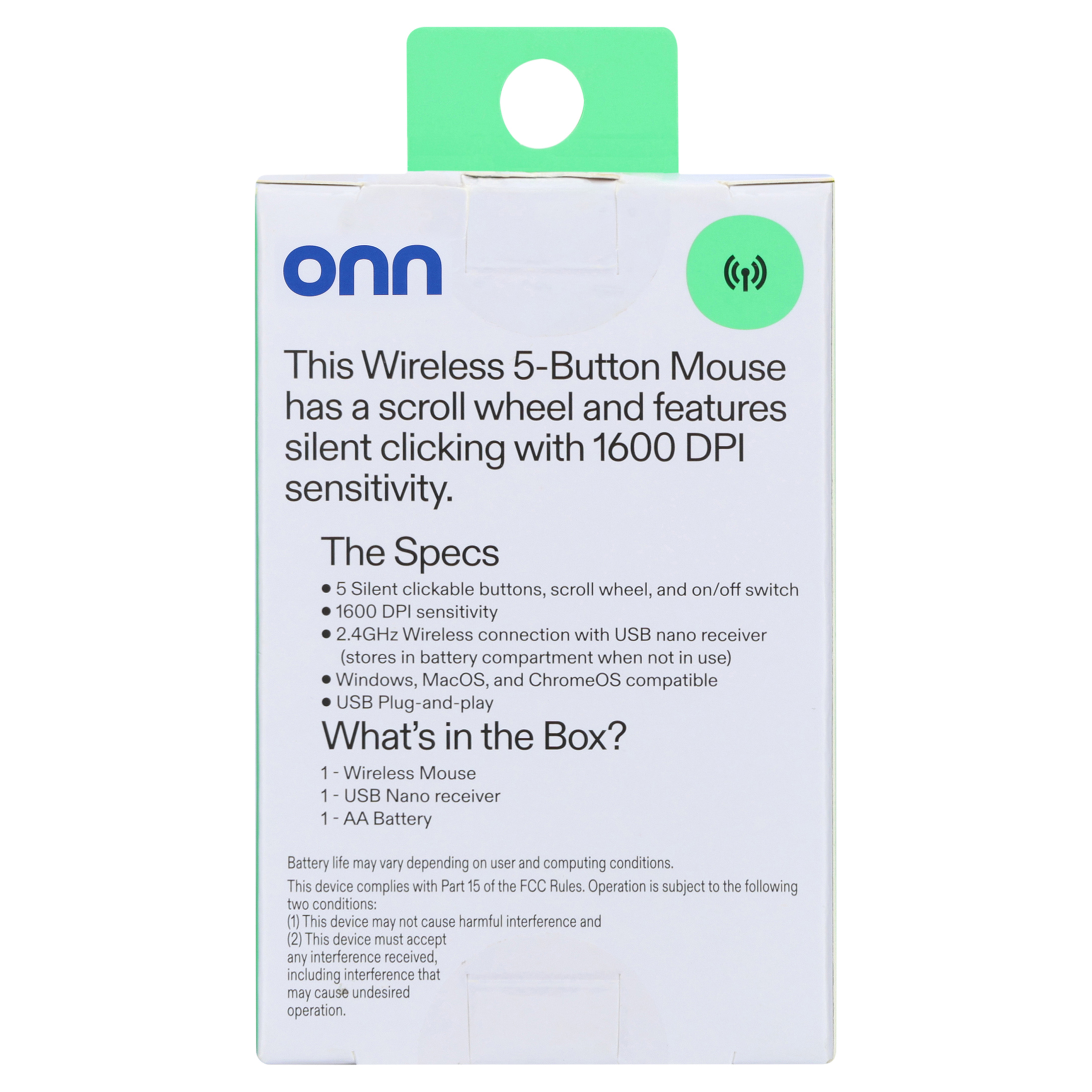 onn Silent Wireless Mouse, 5-Button, 1600 DPI, Gray photo 4