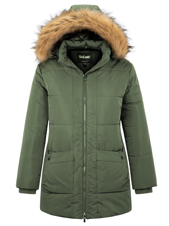 Women's Plus Size Winter Coat Warm Puffer Jacket Windproof Hooded Winter Jacket Dark Green 2X