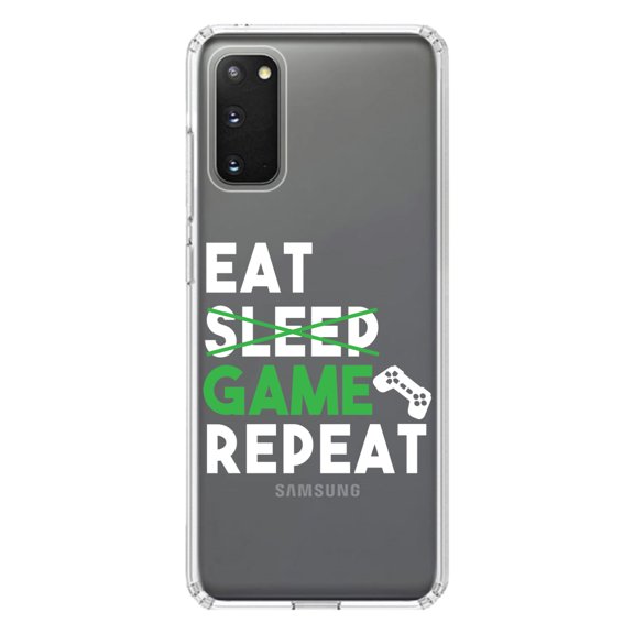 DistinctInk Clear Shockproof Hybrid Case for Galaxy S20 PLUS / 5G (6.7" Screen) - TPU Bumper Acrylic Back Tempered Glass Screen Protector - Eat Game Repeat - Video Games Gamer