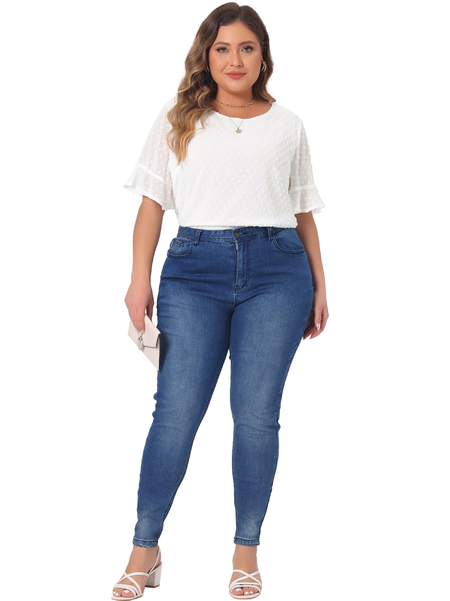 DARING DIVA Women's Plus Round Neck Ruffle Sleeve Swiss Dots Top 2X White