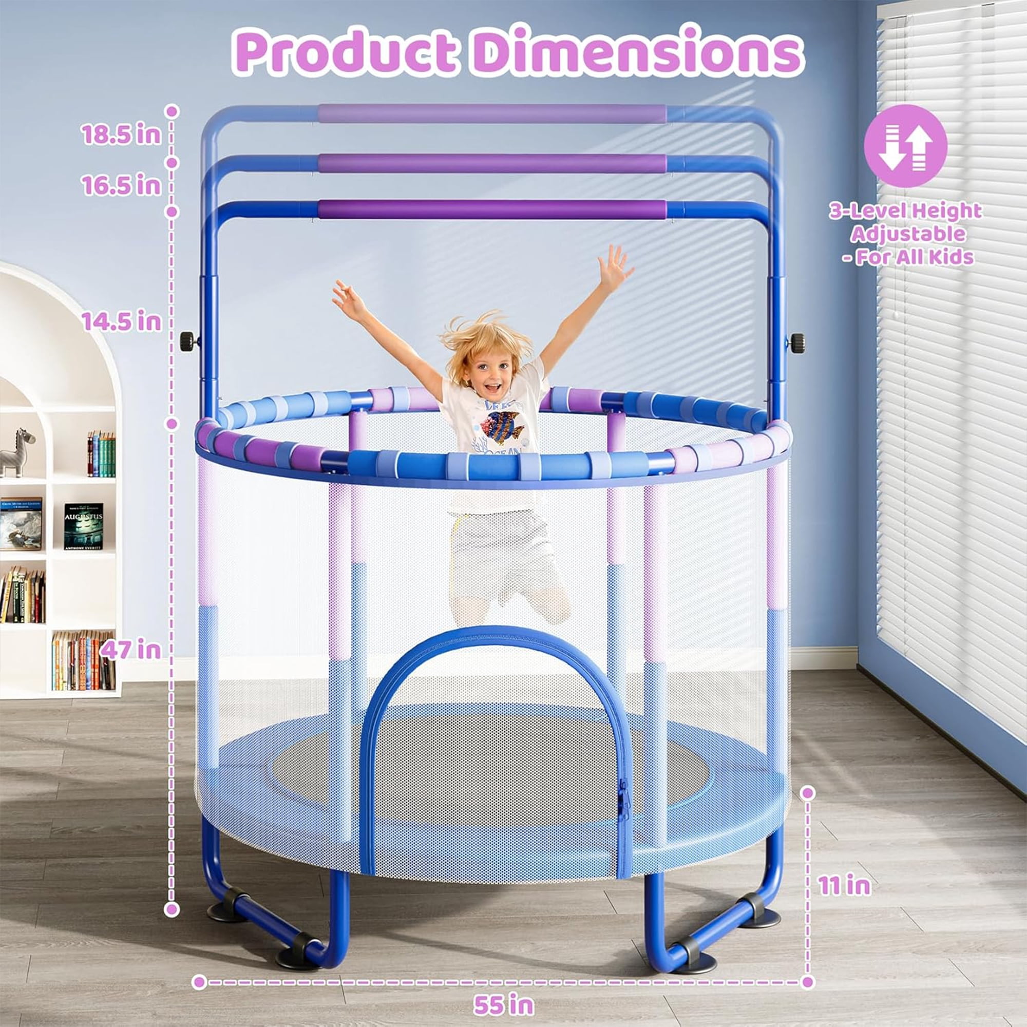 Toremore 55" Trampoline for Kids with Enclosure, 6-in-1 Kid Trampoline Indoor & Outdoor, Toddle Trampoline with Adjustable Gymnastics Bars, Blue