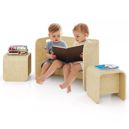 Furnibear 3 Pieces Kids Wooden Table and Chair Set for Kids Playroom Children Activity Table and Chair Set Natural