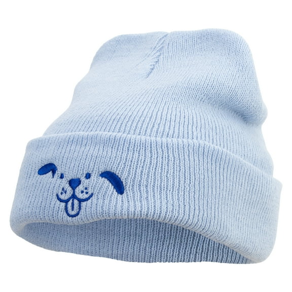 Happy Dog Head Embroidered Super Stretch Knit Watch Cap Beanie - Columbia Blue OSFM