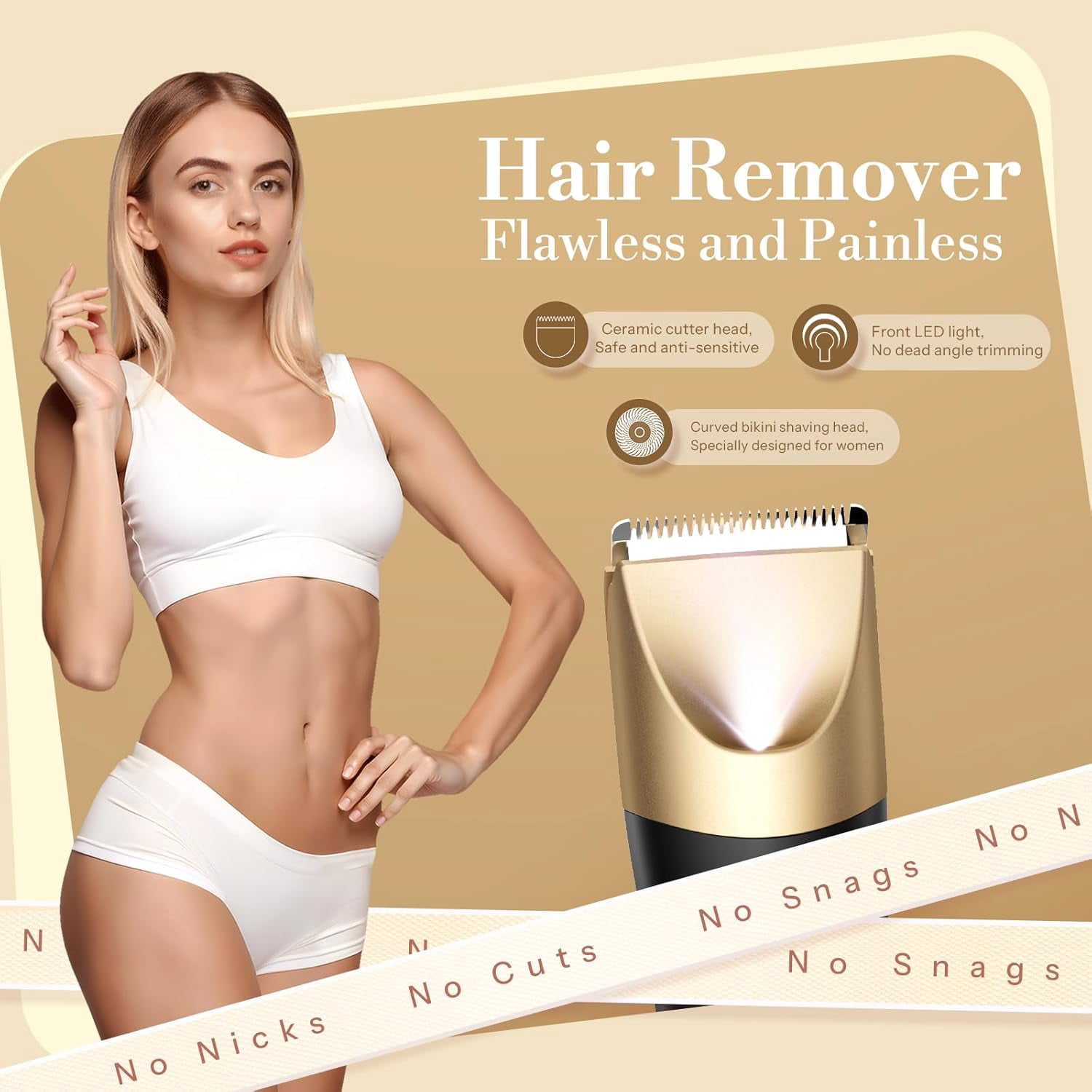 Bikini Trimmer for Women, 2 in 1 Electric Shaver for Women, Pubic Hair Trimmer Waterproof IPX7 with LED, Bikini Razor for Leg Arm Underarm Bikini Area, Christmas Gifts for Her - Black Gold