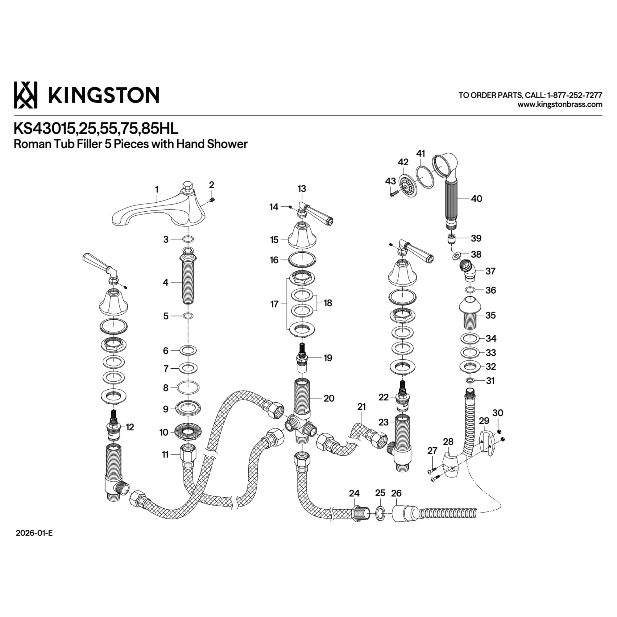 Kingston Brass KS43015HL 5-Piece Roman Tub Faucet with Hand Shower, Polished Chrome