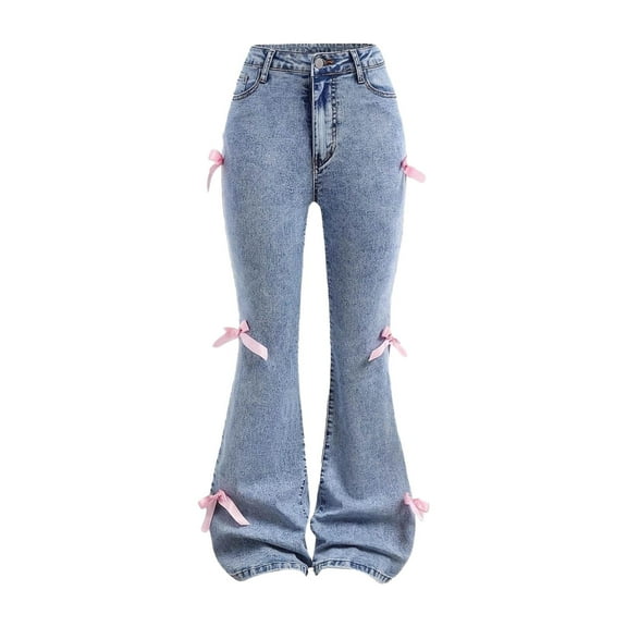 HUAXUN-Girls High Waisted Baggy Jeans | Wide Leg Denim Pants with Cute Bow Detail | Elastic Waist Comfortable Streetwear for Teen Girls(Blue,10Y)