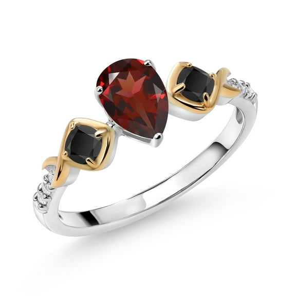 Gem Stone King 1.08 Cttw Red Garnet Black Onyx and Lab Grown Diamond 925 Silver and 10K Yellow Gold Ring for Women | Gemstone Birthstone | 7X5MM Pear Shape | 3MM Cushion (Size 7)
