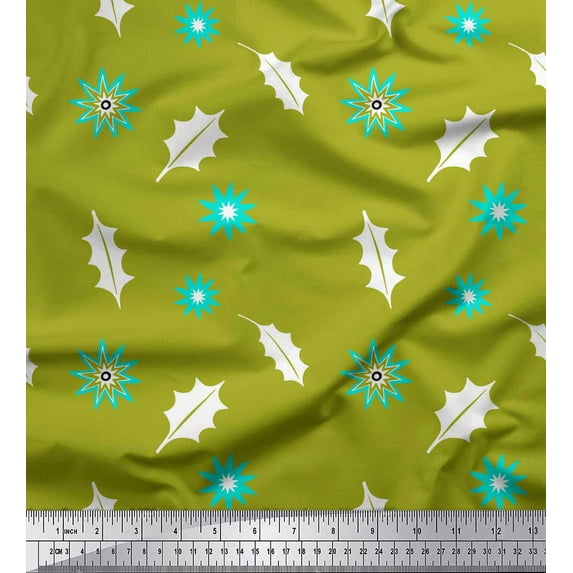 Soimoi Velvet Fabric Star & Holly Leaves Printed Fabric 1 Yard 58 Inch Wide