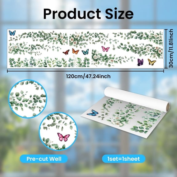 1 set Spring Static Window Clings Eucalyptus Leaves and Flowers 1 Sheet Reusable Window Decals for Glass 47.24" x 11.8" Removable Double Sided Window Sticker for Room Office Home Decoration