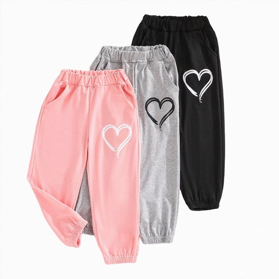 KPOPLK Toddler Girls 3Packs Jogger Pants 2T 3T 4T 5T 6T 7T Heart Print Elastic Waist Casual Sweatpants Trousers Size 3-4 Years,Wine