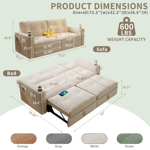 73" 2-in-1 Convertible Sofa Bed, Corduroy Two-Seater Sleeper Sofa with Pull-Out Guest Bed, Steel Frame, for Living Room, Bedroom, Apartment & Dorm, White
