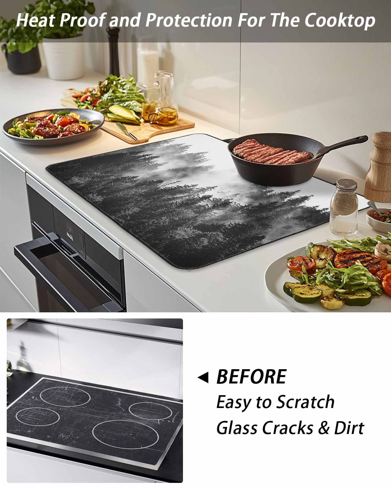 Stove Top Covers for Electric Stove,Black Forest Glass Stovetop Cover Protector,Black and White Natural Landscape Modern Abstract Art Cooktop Protector Oven Mat for Kitchen Countertop 24"x21"