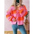 thumbnail image 4 of Women'S Loose Casual V-Neck Long-Sleeved Sweater Jacket Striped Contrast Lace-Up Knitted Cardigan Orange M, 4 of 9