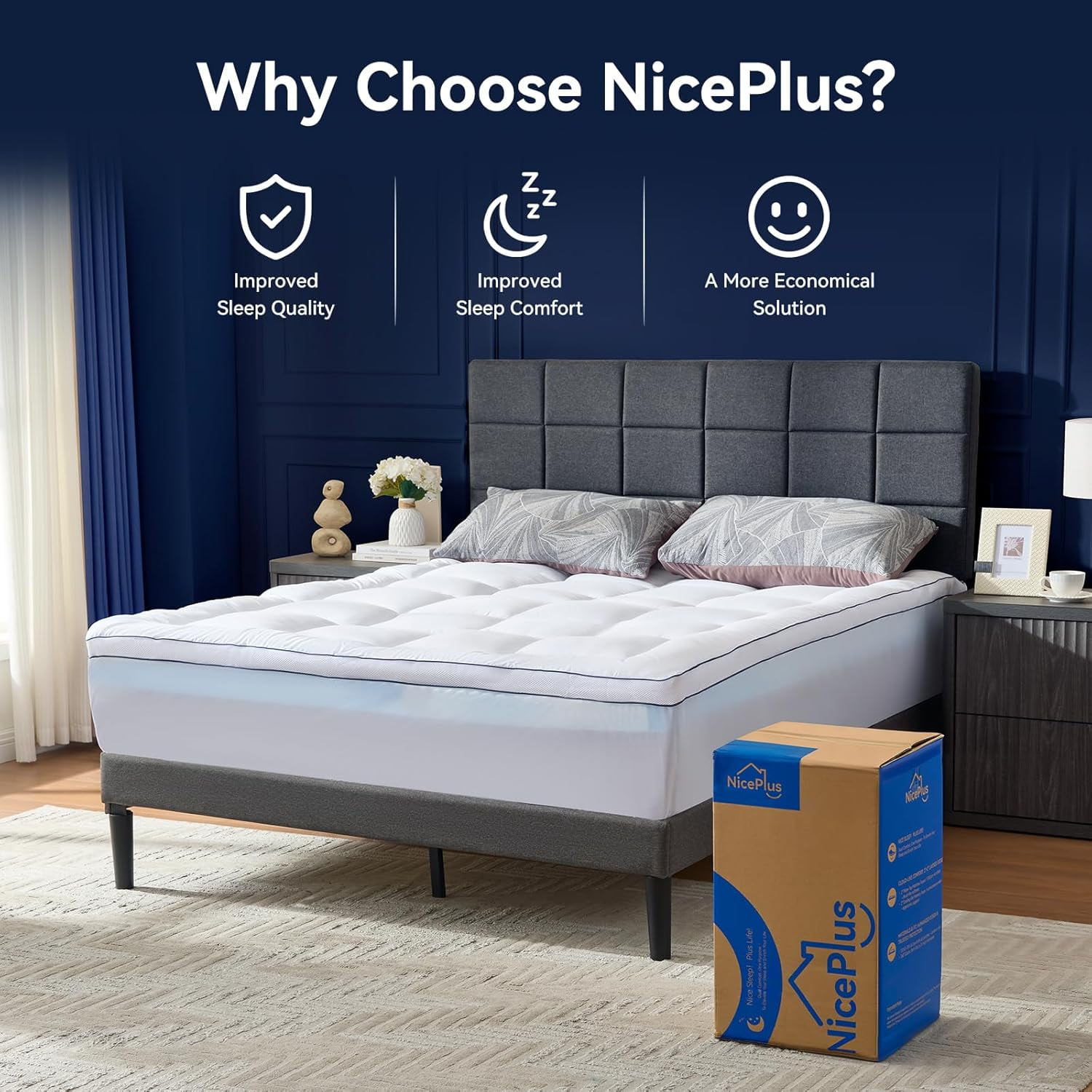 Queen Size Dual Layer 4 Inch Memory Foam Mattress Topper, 2 Inch Fluffy Soft Pillow Top Mattress Pad Cover and 2 Inch Gel Memory Foam for Back Pain Relief, Breathable, Cooling