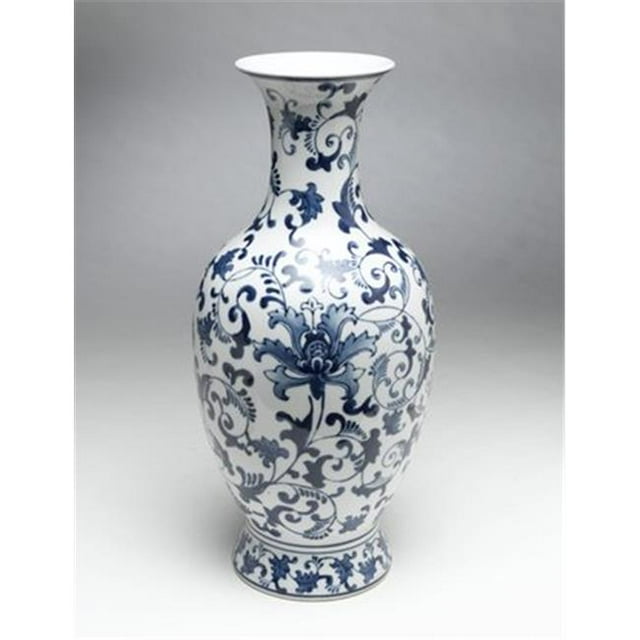 AA Importing 59701 Feuille & Scrollwork Vase Design, Bleu & Blanc