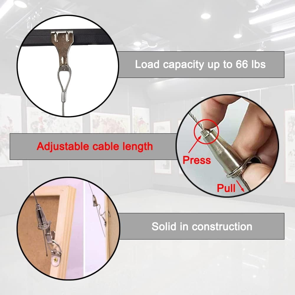JJEAN-10 Pack Picture Rail Hanging System Picture Hanging Hardware Kit, 3.3 Ft Stainless Steel Wire Cable with Loop, Adjustable Photo Hooks for Wall Picture,Exhibition,Art Gallery Display, 66 lb Max