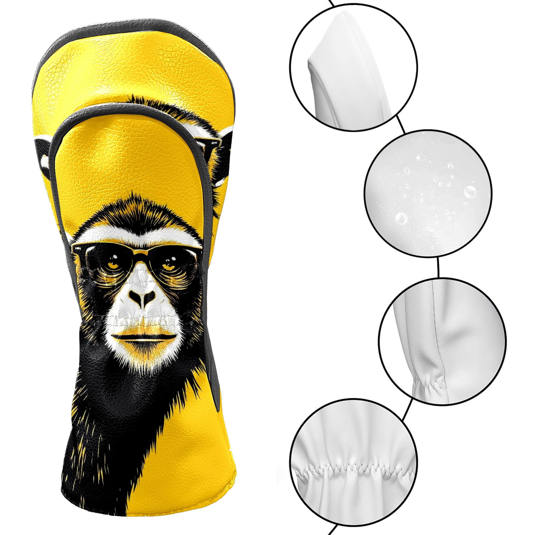 Golf Club Covers, Monkey Yellow Premium PU Leather Driver Hybrid Putter Head Covers with Velvet Lining, Waterproof Golf Gifts for Men Women