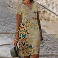 thumbnail image 1 of ICHUANYI Clearance Womens Short Sleeves Dresses Fashion Flowers Printed Waist Sundress V-Neck Knee-length Dress(Yellow, XL) ICHUANYI WER2023081117301, 1 of 5