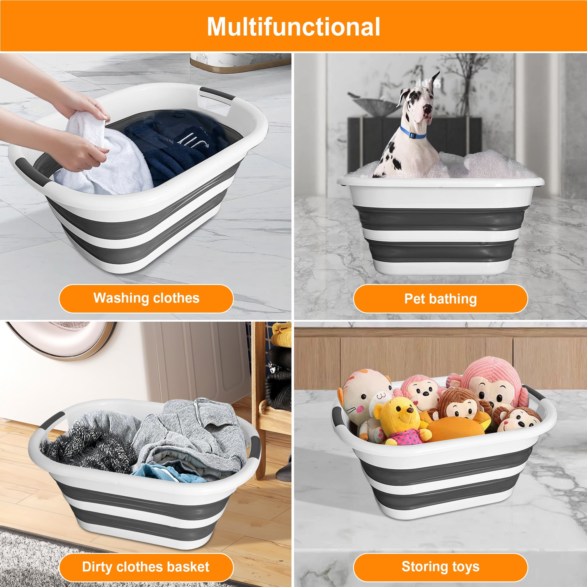 40L Collapsible Plastic Laundry Basket, Foldable Pop Up Storage Container Space Saving Washing Tub Organizer (1, White/Grey)